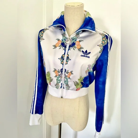 Adidas Women's Blue Floral Jacket cropped - Picture 6 of 13